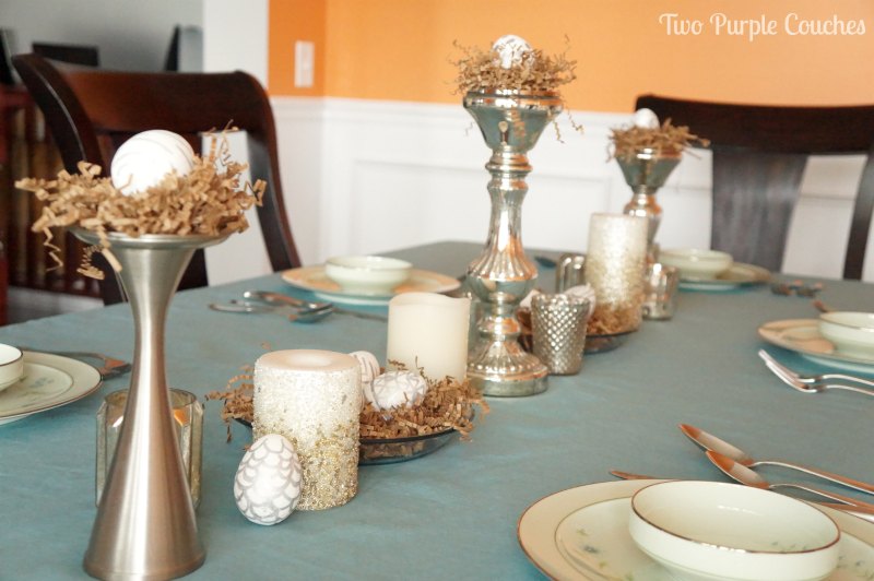 Neutral and Silver Easter Table by Two Purple Couches