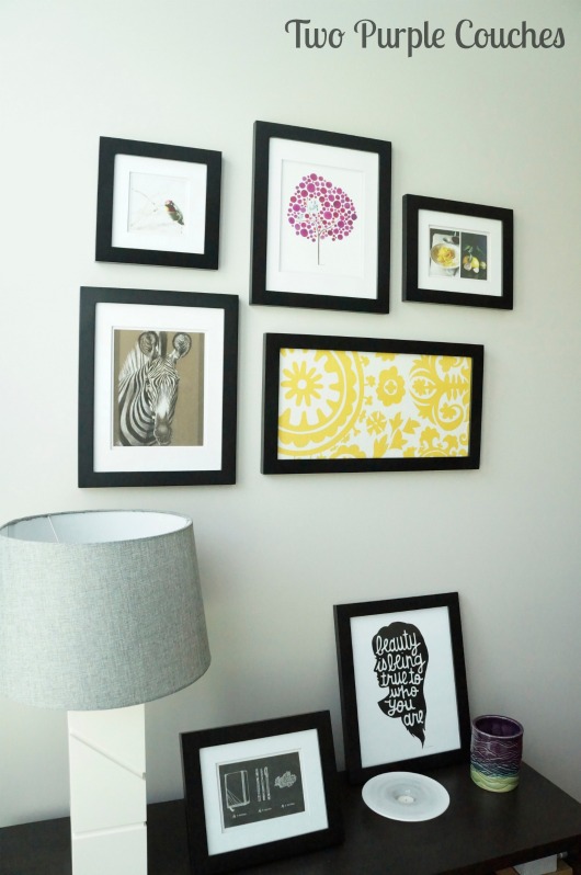 House Tour Family Room Gallery Wall by Two Purple Couches