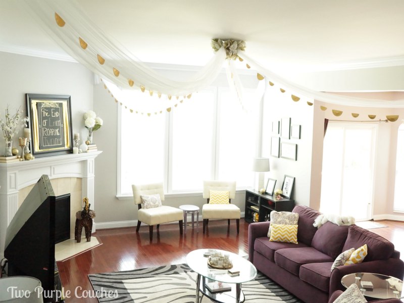 Roaring Twenties Party Decorations by Two Purple Couches