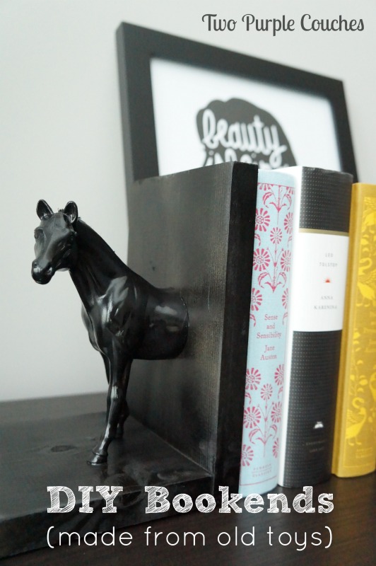 Create your own bookends using old plastic toys and pieces of wood. #diyprojects #diycrafts www.twopurplecouches.com
