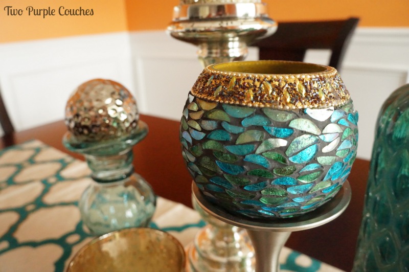 Love this blue mosaic candle holder! via www.twopurplecouches.com #homedecor #diningroom #orange #teal #color