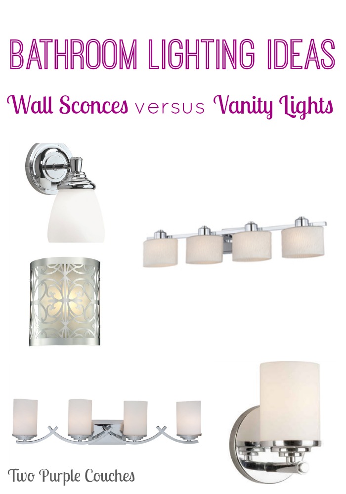 Sconces or vanity lights? There are so many bathroom lighting ideas, how do you know which one to choose? via www.twopurplecouches.com