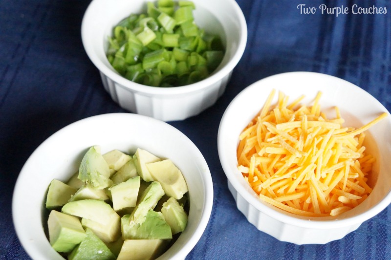 Favorite toppings for Taco Soup: avocado, cheddar cheese and green onions. Yum! via www.twopurplecouches.com