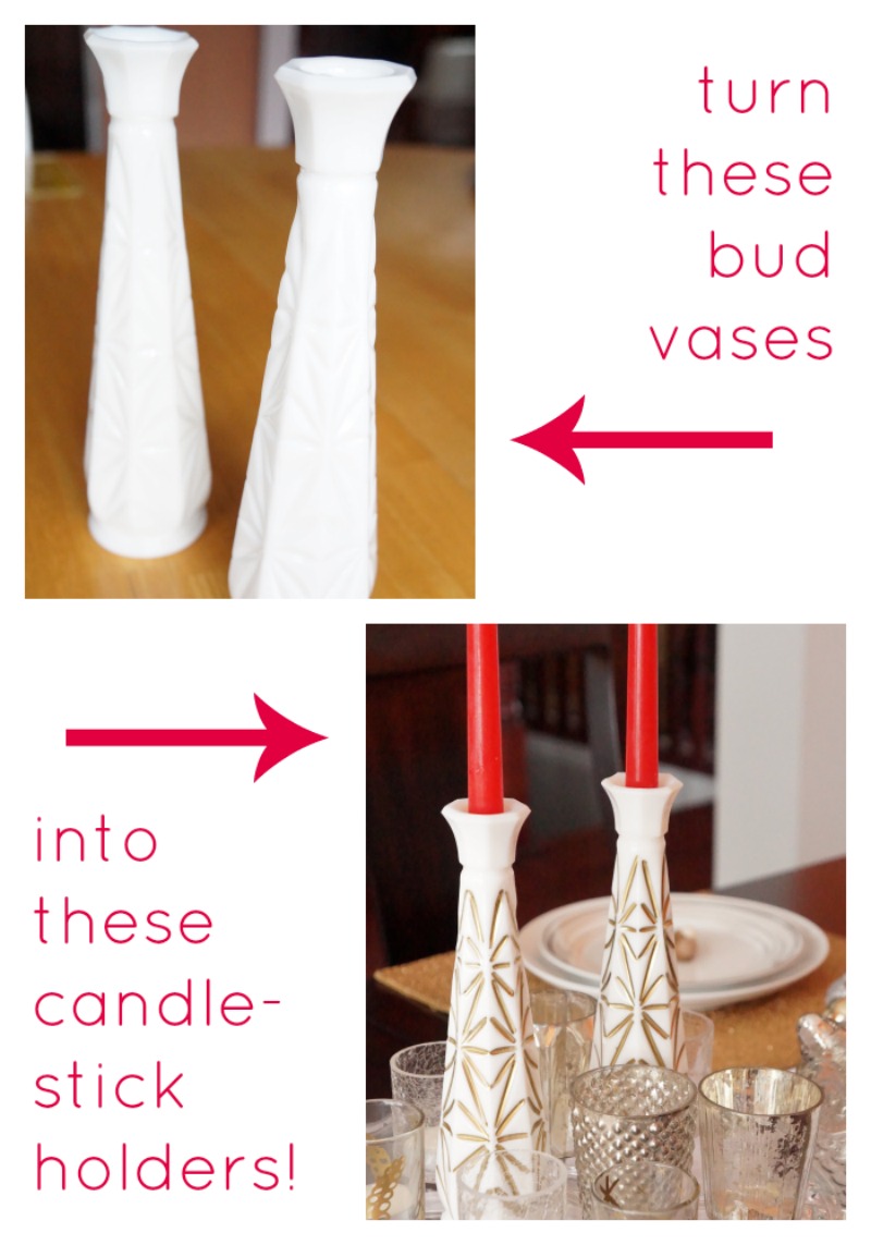 Turn milk glass vases into candlestick holders. via www.twopurplecouches.com