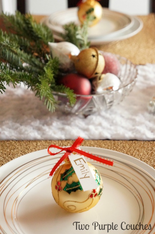 Create beautiful placecards in minutes using ornaments, cardstock and ribbon! via www.twopurplecouches.com