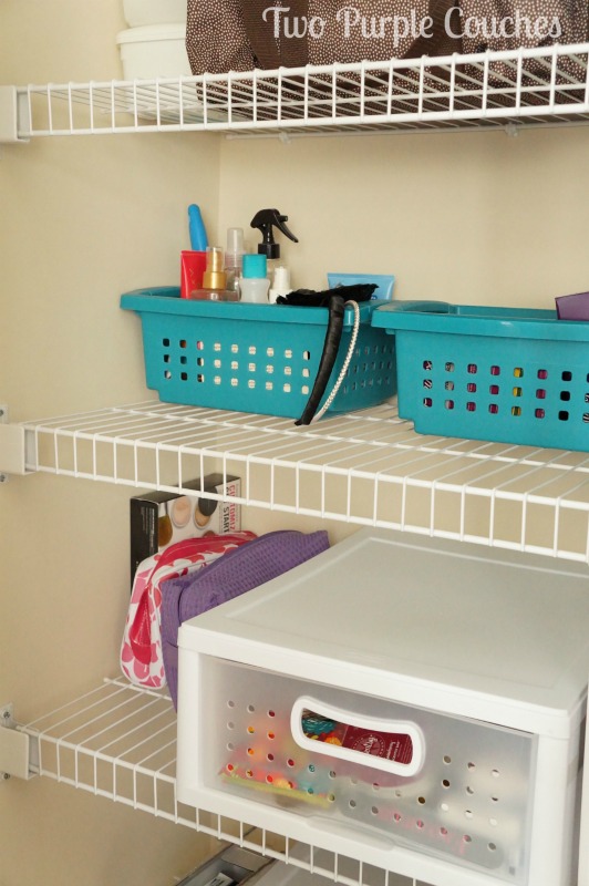 Simple way to organize any closet - use bins and drawers to stash hair brushes, styling products, first aid items and more. via www.twopurplecouches.com