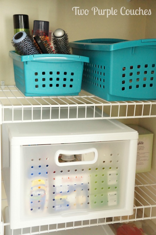 Great Idea! Organize your bathroom closet and cabinets with bins and drawers. Keeps everything nice and tidy! via www.twopurplecouches.com
