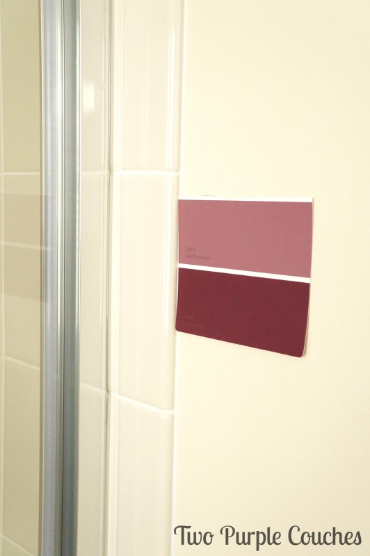 Selecting paint swatches for bathroom. via www.twopurplecouches.com