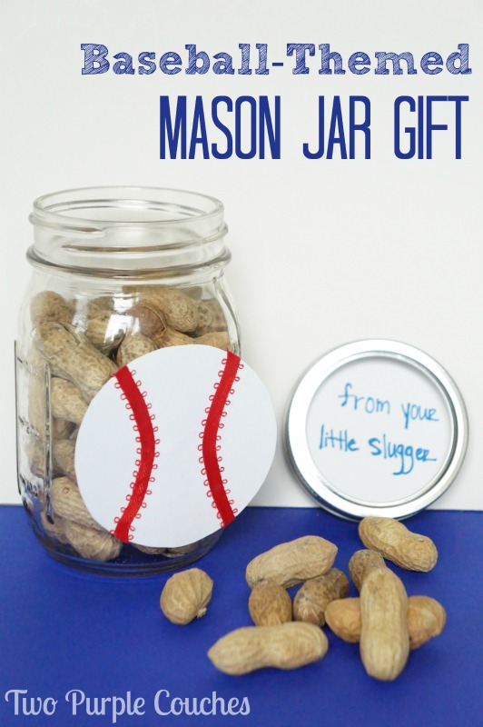 This is such a cute idea! Would be perfect for a team gift, too. Baseball-themed Mason Jar Gift for Father's Day via www.twopurplecouches.com
