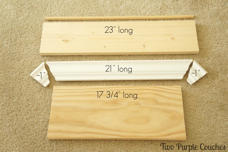 Cuts and lengths needed for DIY shelf. via www.twopurplecouches.com