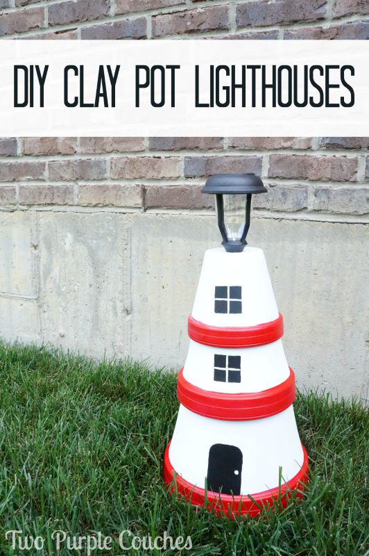 DIY Clay Pot Lighthouses. www.twopurplecouches.com