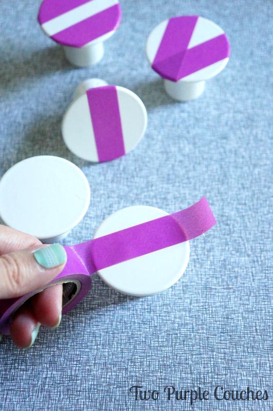 Great Tip: Dress up plain white knobs with some washi tape!  via www.twopurplecouches.com