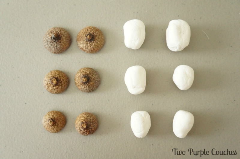 DIY clay acorns. Top is real acorn caps. via www.twopurplecouches.com