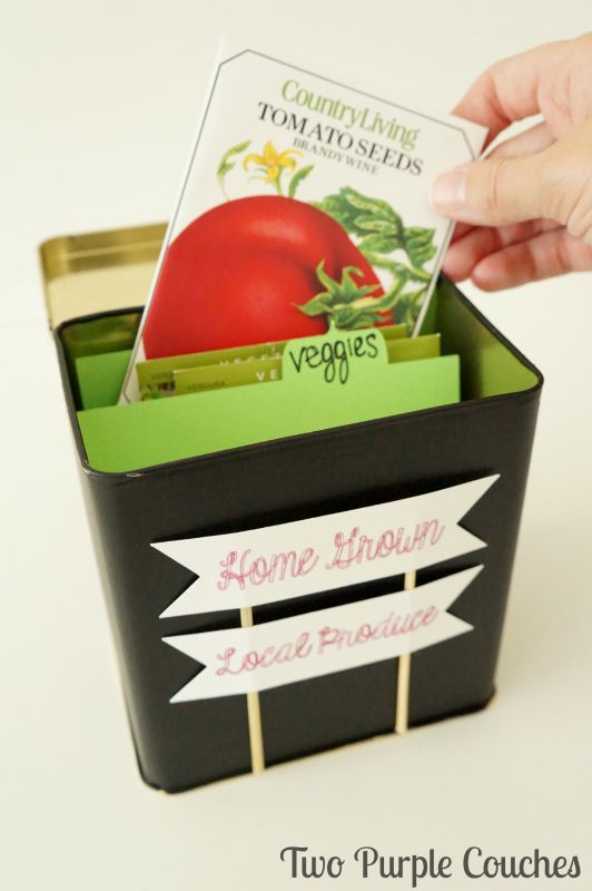 Organize vegetable seeds and herb seeds in a simple tin with labeled, tabbed cards. via www.twopurplecouches.com