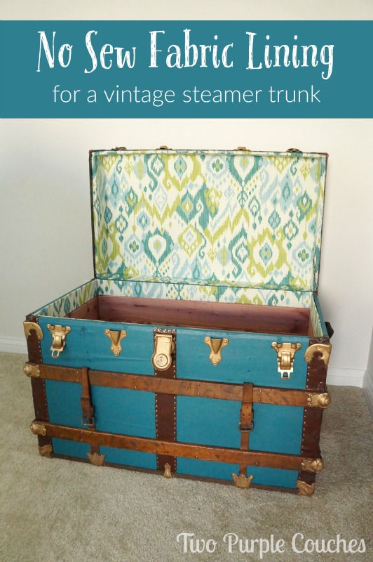 No Sew Fabric Lining for a Vintage Trunk. Follow this simple tutorial to line a trunk with patterned fabric. via Two Purple Couches