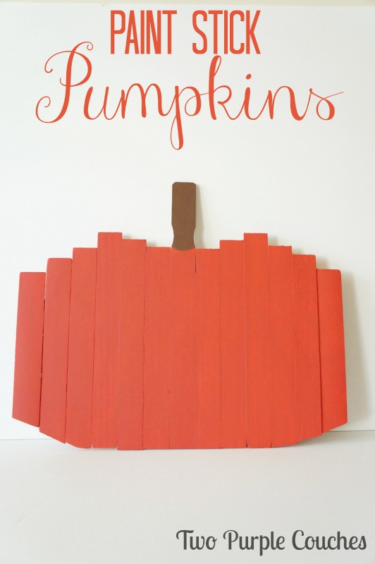 Check out this adorable—and simple!!—Fall craft idea! -- How to make paint stick pumpkins. via www.twopurplecouches.com