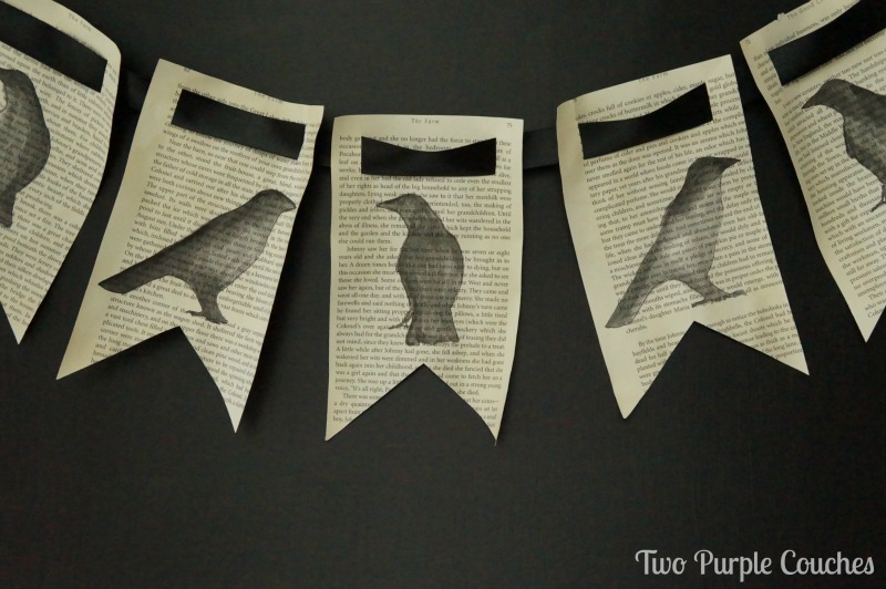 Halloween ode to Edgar Allan Poe and his famous story "The Raven". This spooky banner is made from book pages! via www.twopurplecouches.com