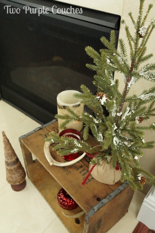 Repurpose a weathered beer crate to display trees, candles, and antlers for rustic Christmas decor.