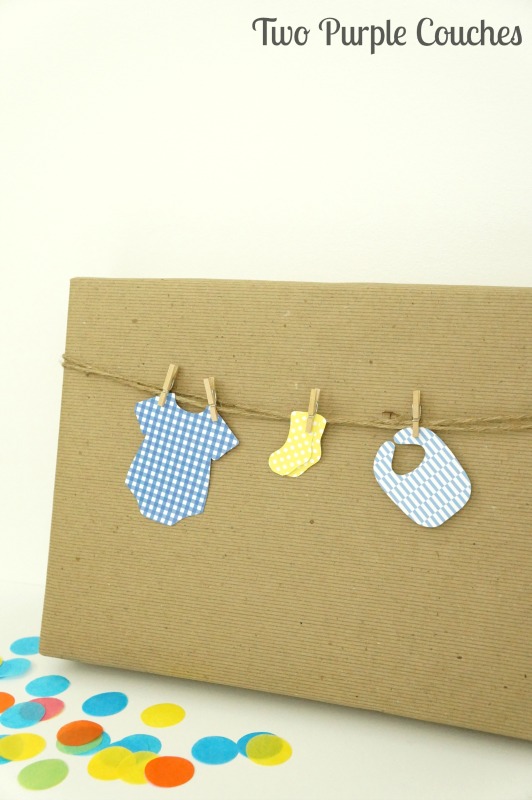 Adorable idea for wrapping a baby shower gift! Just trace and cut shapes, then attach with mini clothespins!