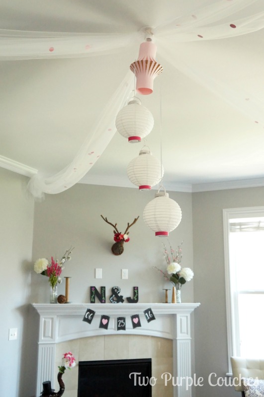 Whimsical paper lanterns and tulle - perfect accents for a pretty garden party bridal shower.