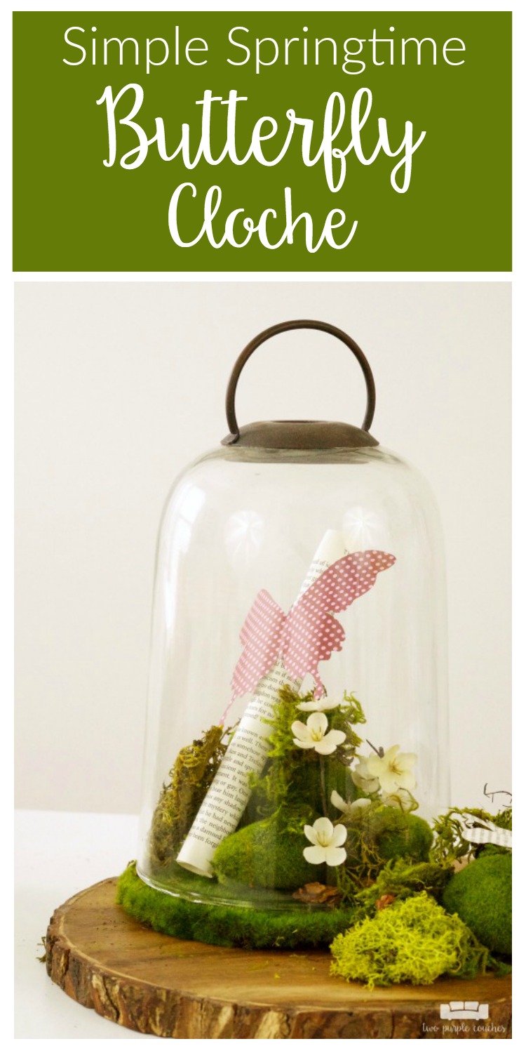 Create a beautiful centerpiece for your home with this simple spring butterfly cloche decor idea. Just add flowers, moss and butterflies!