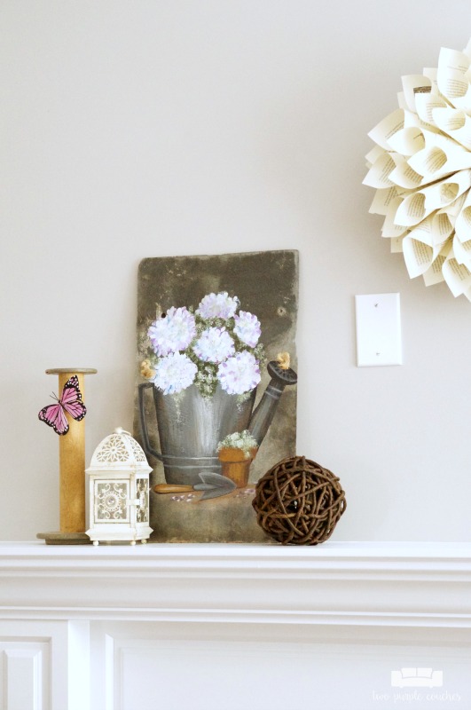 Simple and rustic Spring mantel decor. How to decorate your mantel for spring with simple home decor items - mason jars, birds, and rustic wooden spools.