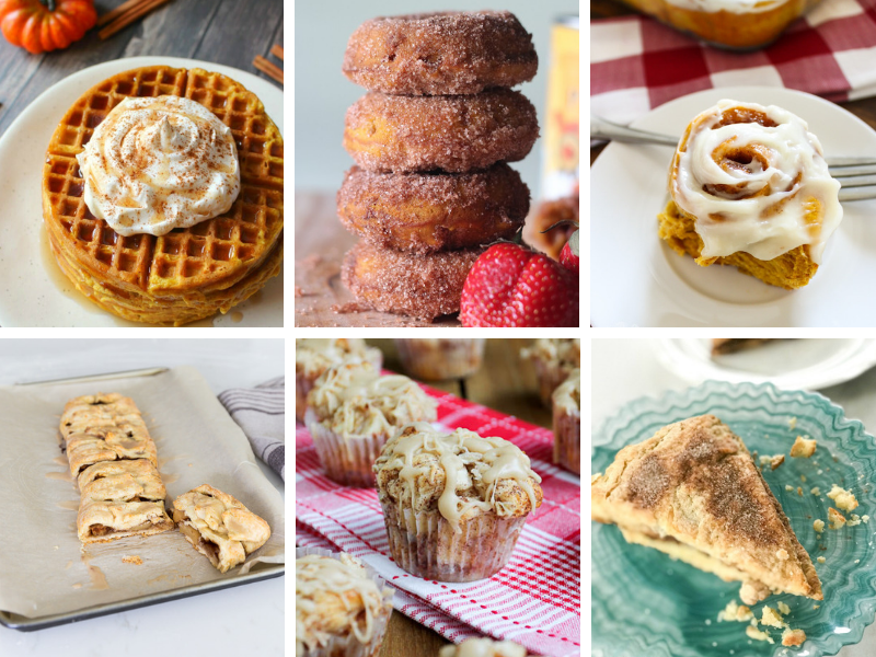 Fall Breakfast ideas and recipes featuring apple and pumpkin flavors.