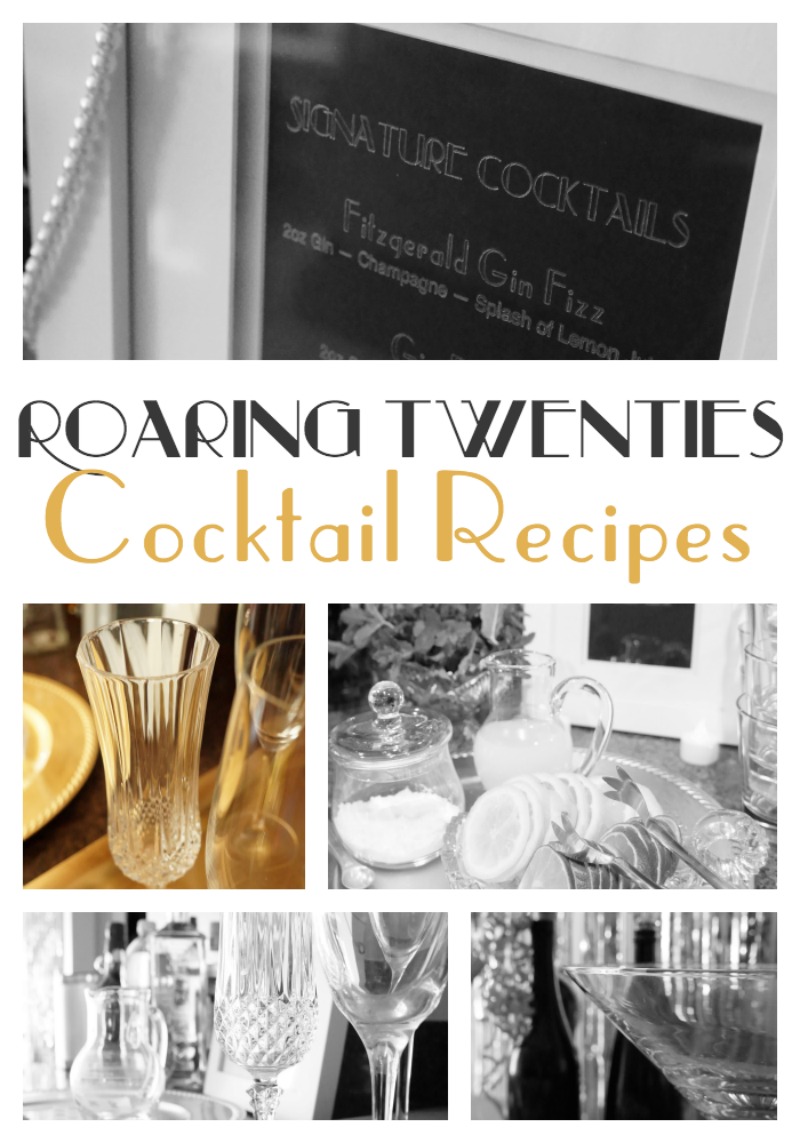 roaring twenties cocktail recipes and more by Two Purple Couches #roaringtwentiesparty #gatsbyparty #cocktailmenu #cocktailbar