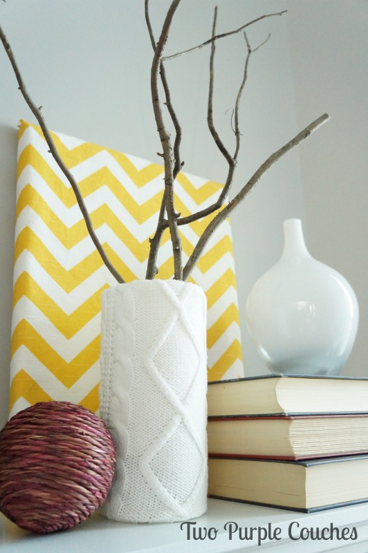 Great DIY idea: cover a vase with an old sweater sleeve for texture. via www.twopurplecouches.com #fall #falldecor #mantels #homedecor