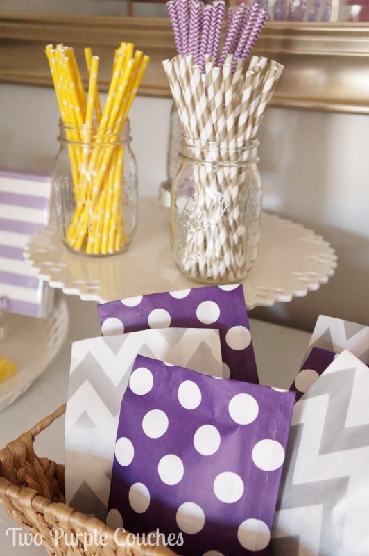 Don't forget the treats for your guests! Love these adorable patterned treat bags! Styled for Celebrate by Kate in Madeira, Ohio. via www.twopurplecouches.com #celebratebykate #partytime #letsparty #purpleparty #yellowparty #partydecor