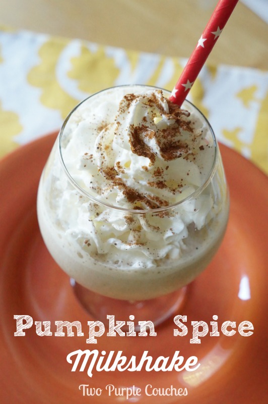 Treat yo self to a delicious & creamy Pumpkin Spice Milkshake! via www.twopurplecouches.com #psl #pumpkinspice #milkshakes #treats #Fall #FallRecipes