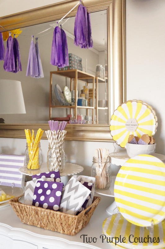 Pretty purple and yellow party vignettes created with chic party supplies. Styled for Celebrate by Kate in Madeira, Ohio. via www.twopurplecouches.com #celebratebykate #partytime #letsparty #purpleparty #yellowparty #partydecor