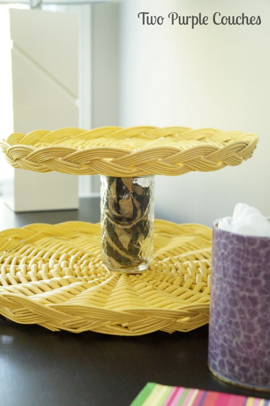 Perfect for summer parties and grill outs! Tiered wicker serving tray via www.twopurplecouches.com #fleamarket #upcycle #repurpose #wicker #macrame #swapitlikeitshot
