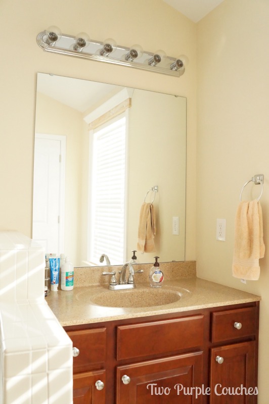 Would you choose sconces or a (different) vanity light for this bathroom space? via www.twopurplecouches.com