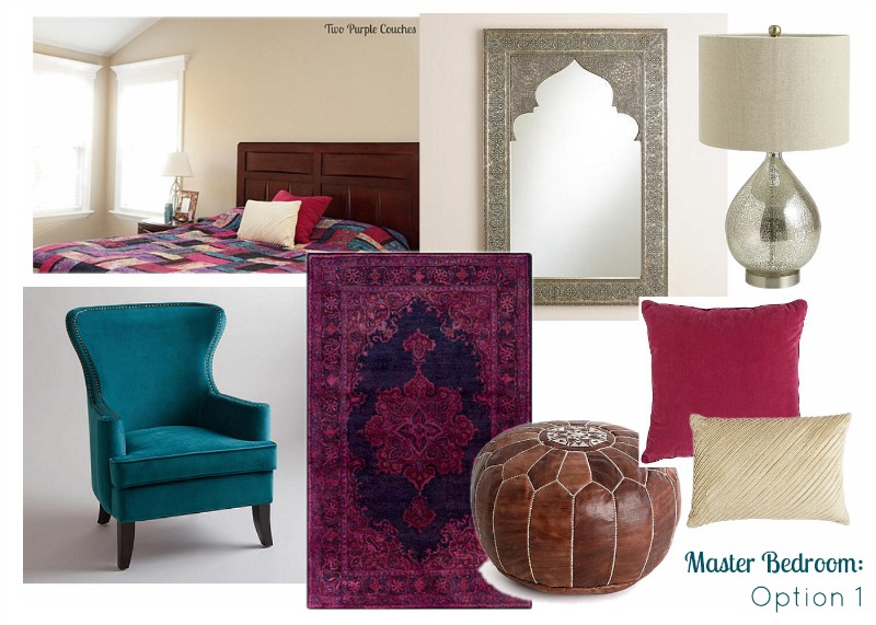 I put together a simple mood board to help me focus on the right furniture and accents to put the finishing touches on my master bedroom makeover. via www.twopurplecouches.com