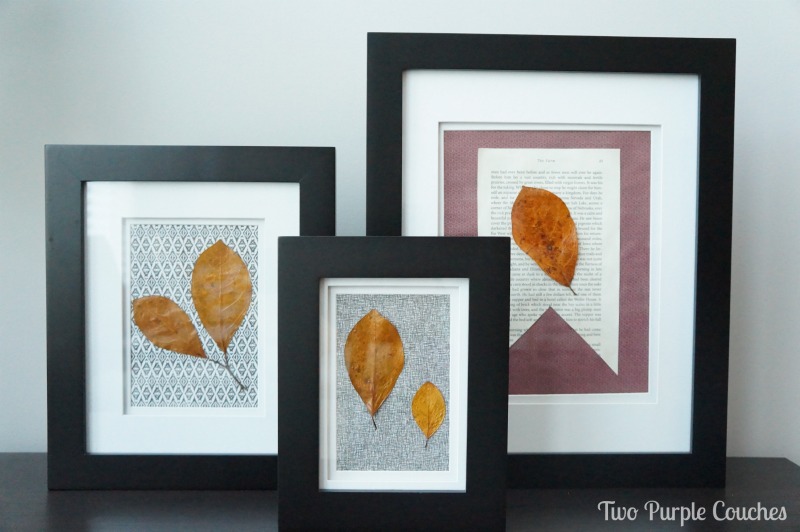 Pretty trio of pressed leaves art. via www.twopurplecouches.com #Fall #art #homedecor #diyart #FallDecor