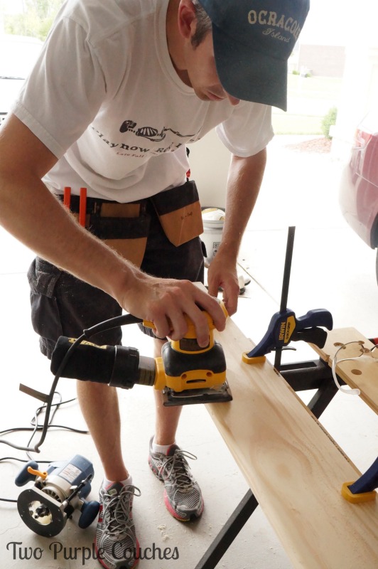 Building a new window sill? Be sure to sand it for a nice, smooth finish. via www.twopurplecouches.com #diy #masterbedroommakeover #buildlikeagirl