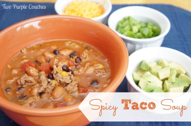 Warm up during chilly weather with a bowl of this delicious Spicy Taco Soup. via www.twopurplecouches.com