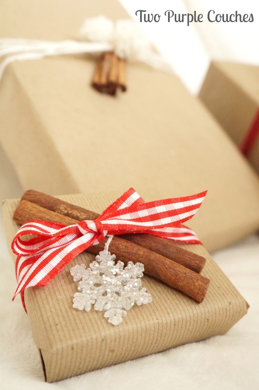 Festive Cinnamon Stick Gift Toppers for dressing up holiday presents. via www.twopurplecouches.com