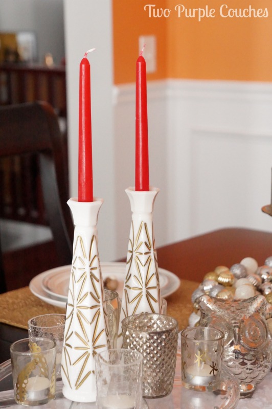 Gilded Milk Glass. Turn bud vases into taper candle holders. via www.twopurplecouches.com