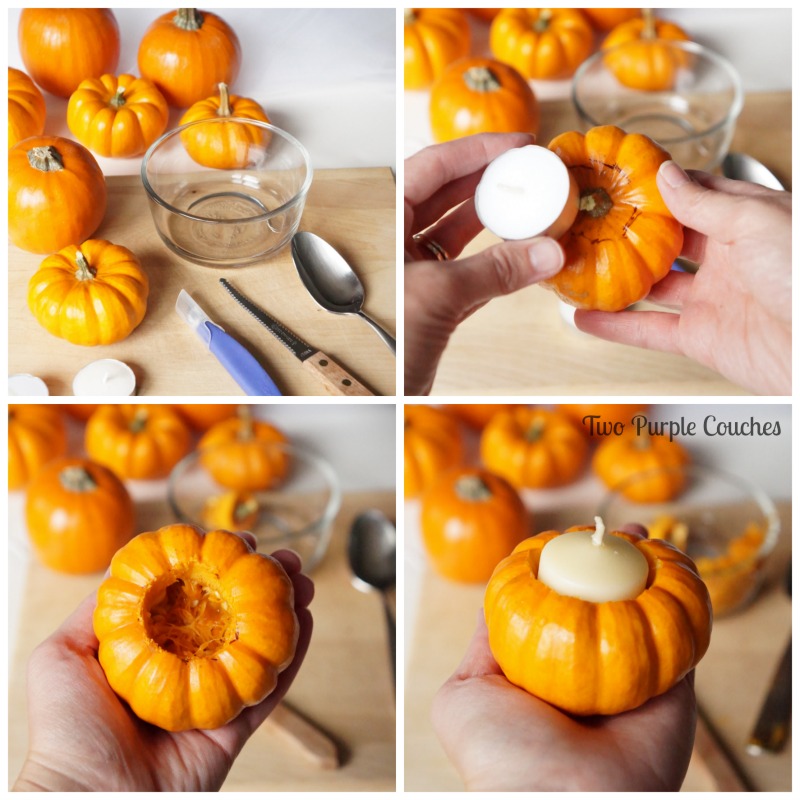 Tutorial for turning mini pumpkins and gourds into votive holders in just a few minutes!  via www.twopurplecouches.com