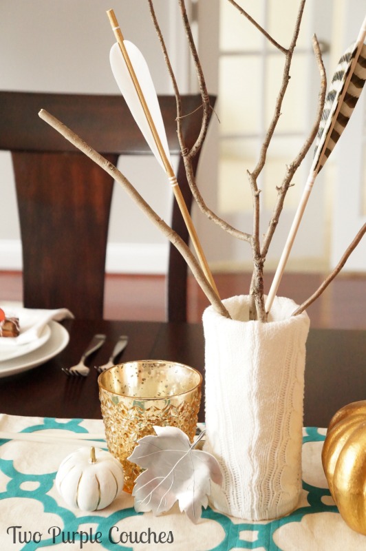 Love the texture of a sweater-covered vase as the centerpiece for my Thanksgiving table! via www.twopurplecouches.com