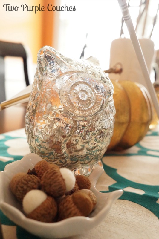 Owls + felted acorns = a perfect Thanksgiving table! via www.twopurplecouches.com