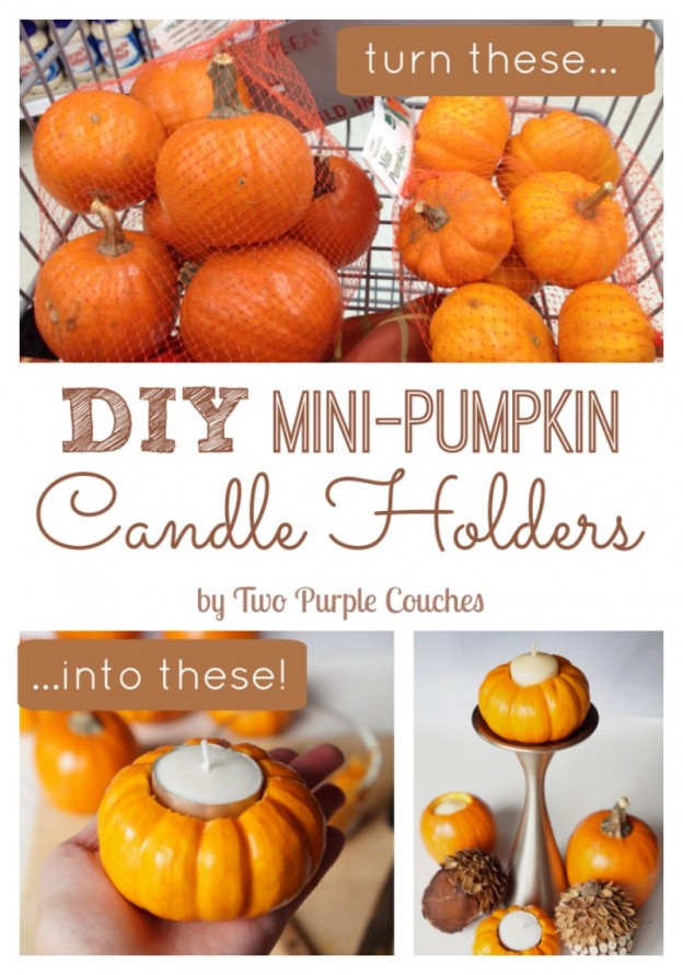 Great step-by-step tutorial for turning miniature pumpkins into cute candle holders. Perfect for my Thanksgiving table! via www.twopurplecouches.com