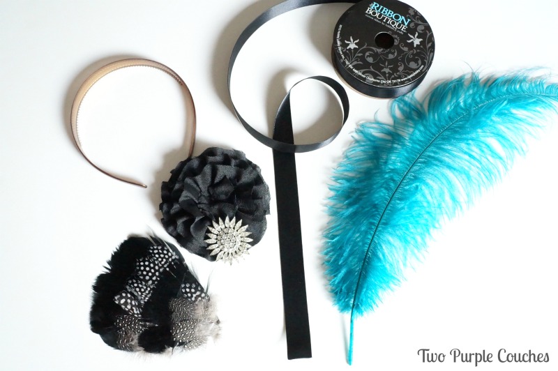 Supplies needed to make your own party headband: a headband, ribbon, feathers, rosettes and a sparkly pin. via www.twopurplecouches.com