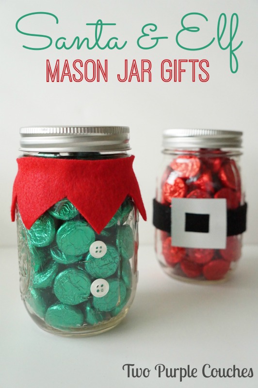 Santa and Elf: Christmas Mason Jar Gifts via www.twopurplecouches.com