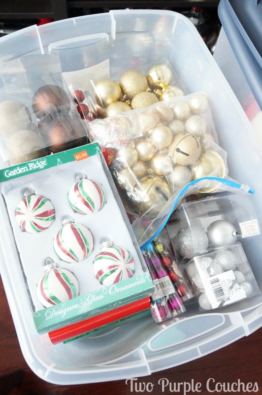 Holiday storage tip: pack all boxed ornaments together so you can easily find them next holiday season. via www.twopurplecouches.com