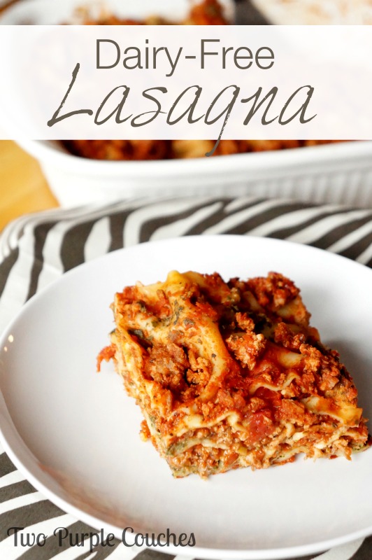Rich, comforting and ridiculously delicious! You won't miss the cheese, promise! Dairy Free Lasagna via www.twopurplecouches.com 