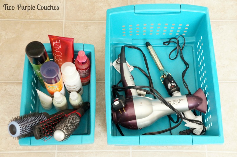 Bins are a great way to keep all those hair and body products organized! Even fits a hairdryer! via www.twopurplecouches.com