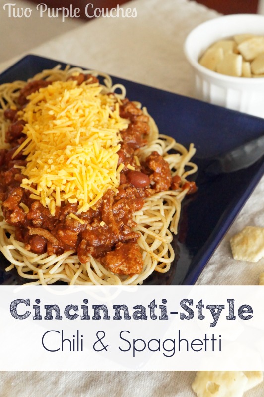 Have you ever had Cincinnati-Style Chili and Spaghetti? It may sound strange, but it's so delicious, especially topped with shredded cheddar cheese! via www.twopurplecouches.com